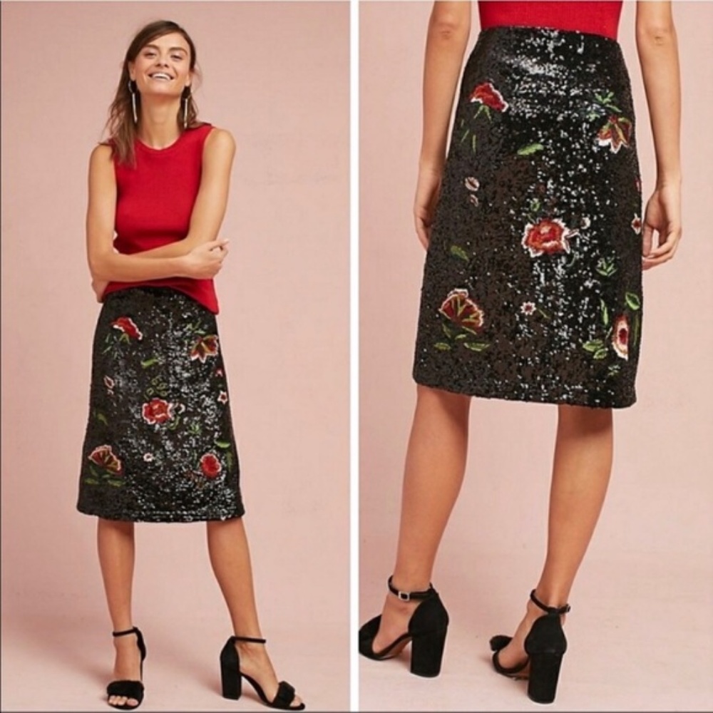 Anthropologie NWT Sequin Floral Skirt